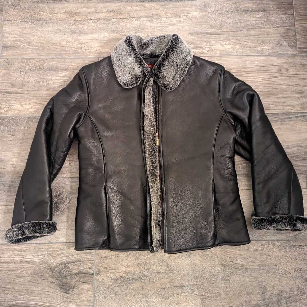 VINTAGE EGO ITALIAN LAMBSKIN BLACK LEATHER JACKET FAUX FUR DETAILS